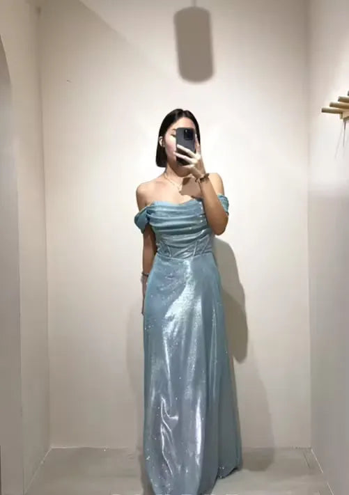 Sparkle A-Line Off the Shoulder Sleeveless Glitter Pleated Floor-Length Prom Dress