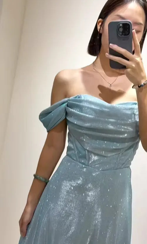 Sparkle A-Line Off the Shoulder Sleeveless Glitter Pleated Floor-Length Prom Dress