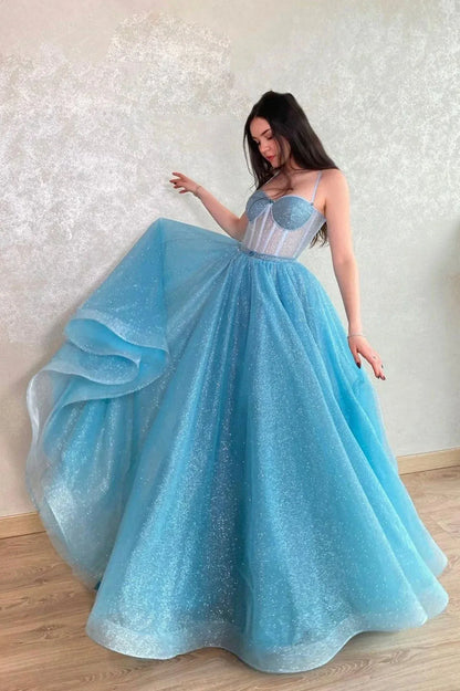 Sparkle A-Line Spaghetti Straps Sleeveless Lace Up Sweep/Brush Train Prom Dress