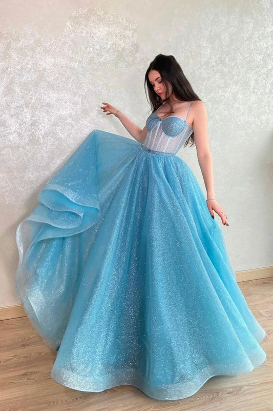 Sparkle A-Line Spaghetti Straps Sleeveless Lace Up Sweep/Brush Train Prom Dress