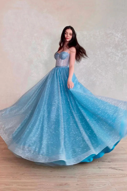 Sparkle A-Line Spaghetti Straps Sleeveless Lace Up Sweep/Brush Train Prom Dress