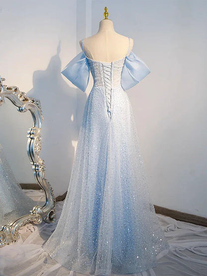 Sparkle A-Line Spaghetti Straps Sleeveless Sequins Lace Up Floor-Length Prom Dress