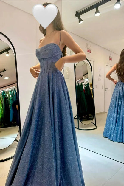 Sparkle A-Line Spaghetti Straps Sleeveless Tulle Floor-Length Backless Prom Dress