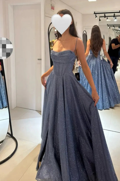 Sparkle A-Line Spaghetti Straps Sleeveless Tulle Floor-Length Backless Prom Dress