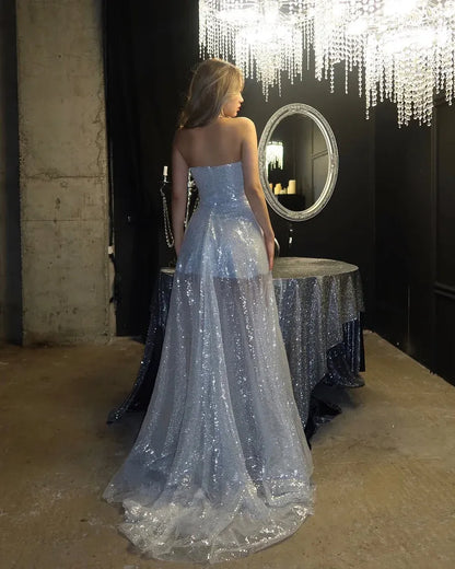 Sparkle A-Line Sweetheart Sleeveless Sequins Chapel Train Prom Dress