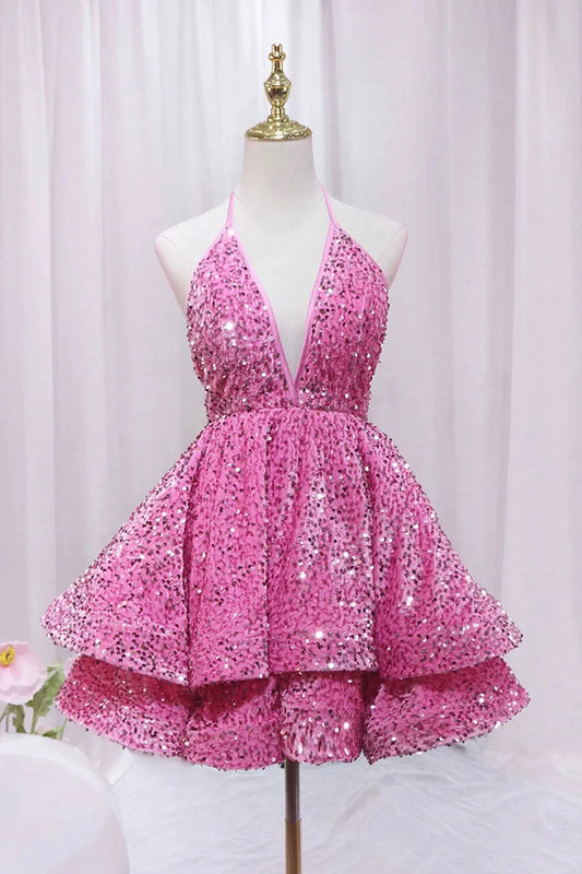 Sparkle A-Line V-Neck Sleeveless Backless Short-Mini Prom Dress