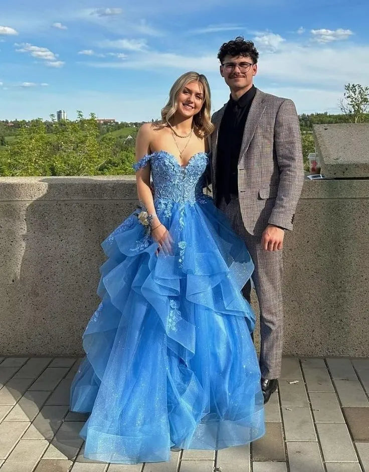 Sparkle A Line Off Shoulder Sleeveless Tulle Lace Up Floor-Length Prom Dress