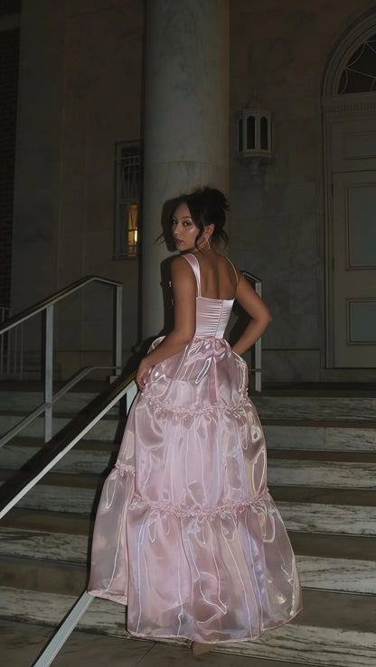 Sparkle A Line Square Neck Sleeveless Organza Pleated Floor-Length Prom Dress