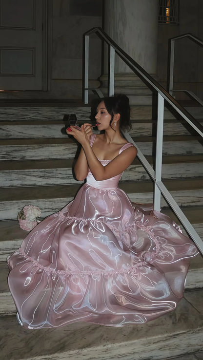 Sparkle A Line Square Neck Sleeveless Organza Pleated Floor-Length Prom Dress