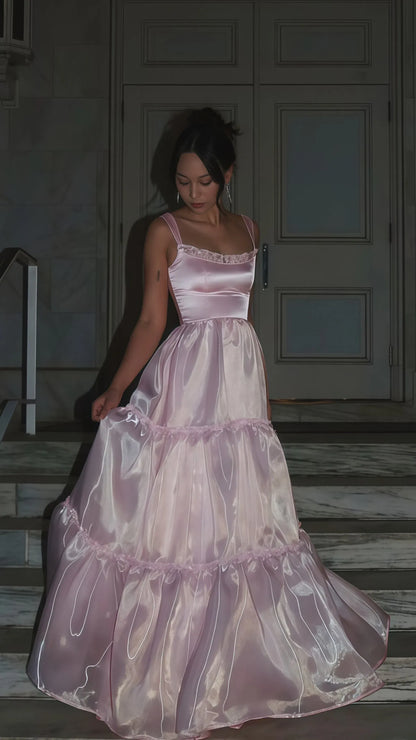 Sparkle A Line Square Neck Sleeveless Organza Pleated Floor-Length Prom Dress