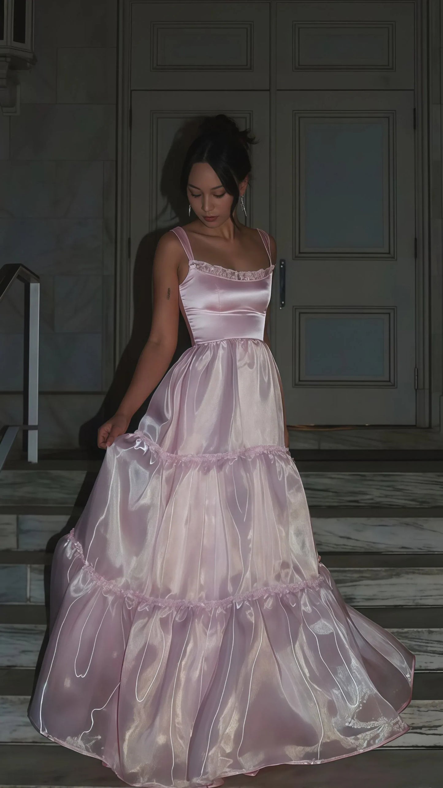 Sparkle A Line Square Neck Sleeveless Organza Pleated Floor-Length Prom Dress