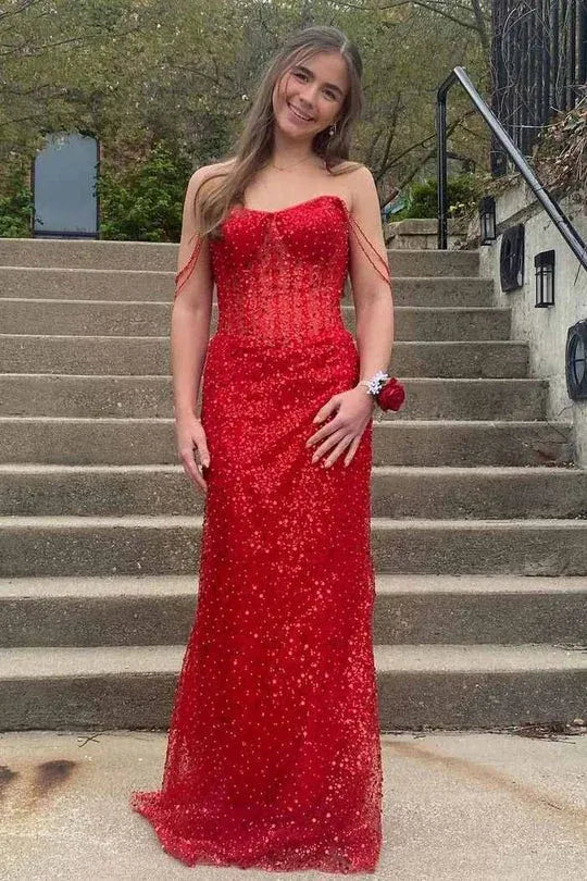 Sparkle Mermaid Off Shoulder Sleeveless Sequins Pleated Floor-Length Prom Dress
