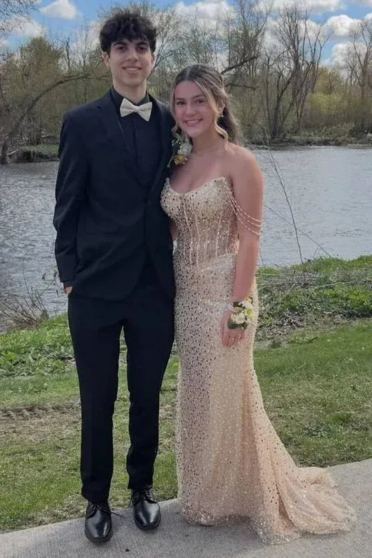 Sparkle Mermaid Off Shoulder Sleeveless Sequins Pleated Floor-Length Prom Dress
