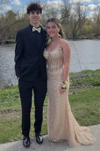 Sparkle Mermaid Off Shoulder Sleeveless Sequins Pleated Floor-Length Prom Dress
