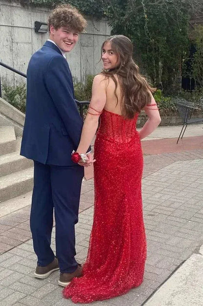 Sparkle Mermaid Off Shoulder Sleeveless Sequins Pleated Floor-Length Prom Dress