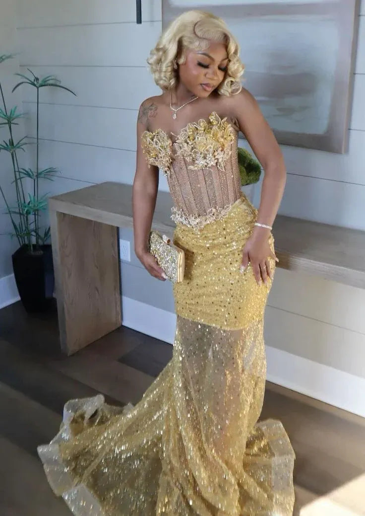 Sparkle Mermaid Strapless Sleeveless Sequins Sweep/Brush Train Prom Dress