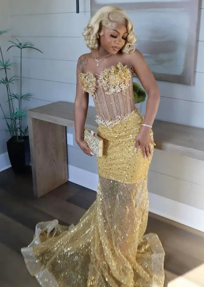 Sparkle Mermaid Strapless Sleeveless Sequins Sweep/Brush Train Prom Dress