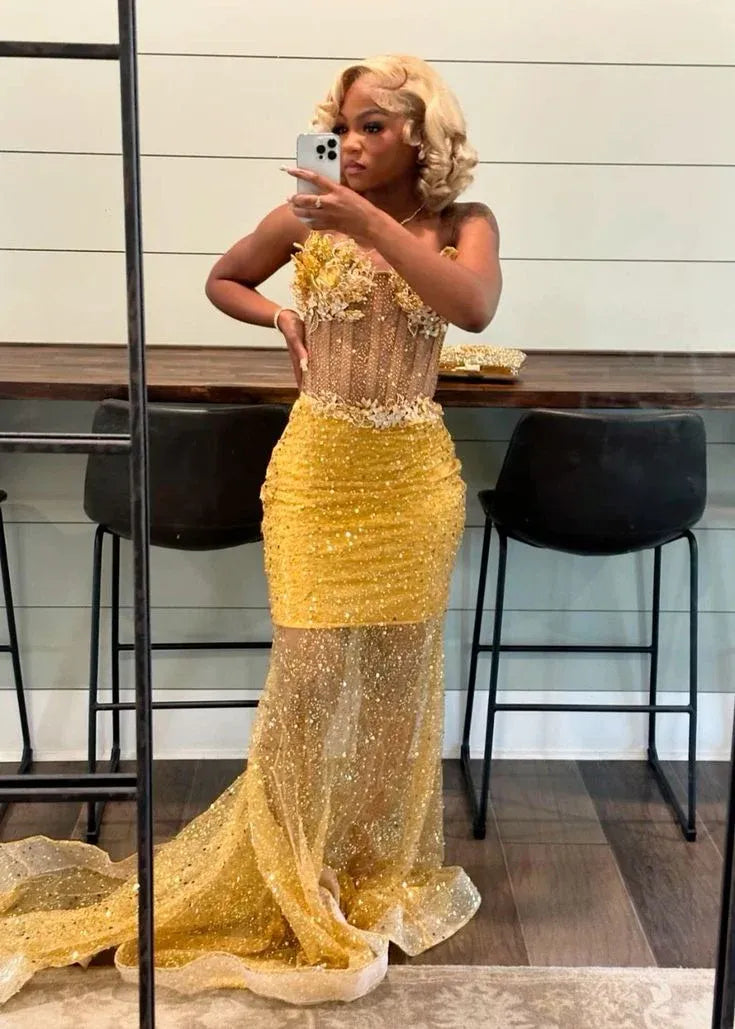 Sparkle Mermaid Strapless Sleeveless Sequins Sweep/Brush Train Prom Dress