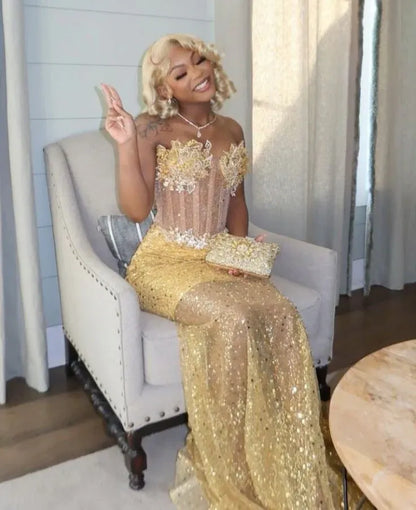 Sparkle Mermaid Strapless Sleeveless Sequins Sweep/Brush Train Prom Dress