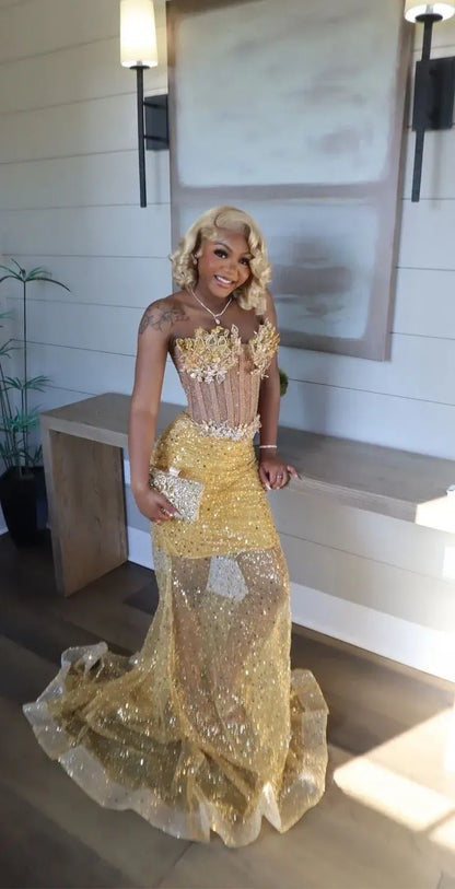 Sparkle Mermaid Strapless Sleeveless Sequins Sweep/Brush Train Prom Dress