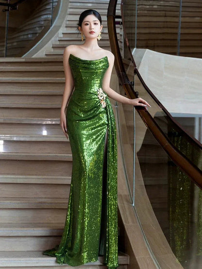 Sparkle Mermaid Sweetheart Sleeveless Sequins Slit Floor-Length Prom Dress