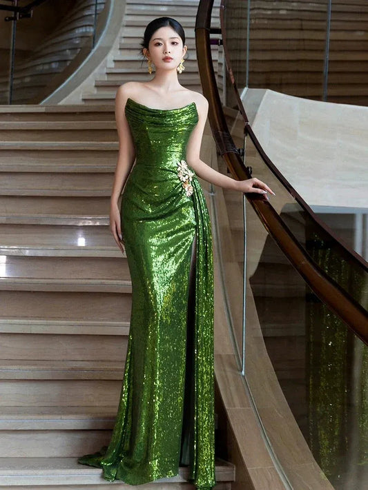 Sparkle Mermaid Sweetheart Sleeveless Sequins Slit Floor-Length Prom Dress