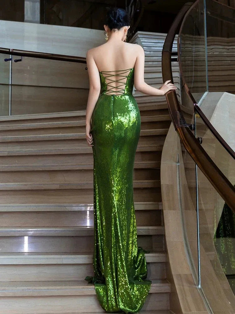 Sparkle Mermaid Sweetheart Sleeveless Sequins Slit Floor-Length Prom Dress