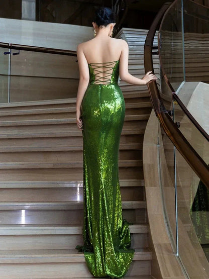 Sparkle Mermaid Sweetheart Sleeveless Sequins Slit Floor-Length Prom Dress