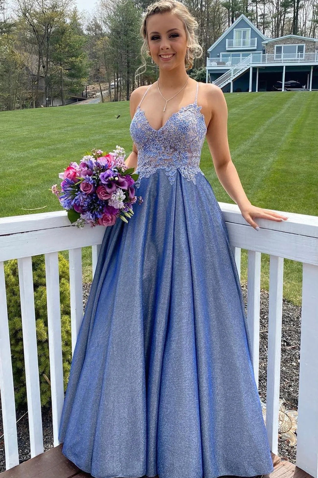 Sparkle & Shine A-Line Spaghetti Straps Sleeveless Lace Up Floor-Length Prom Dress