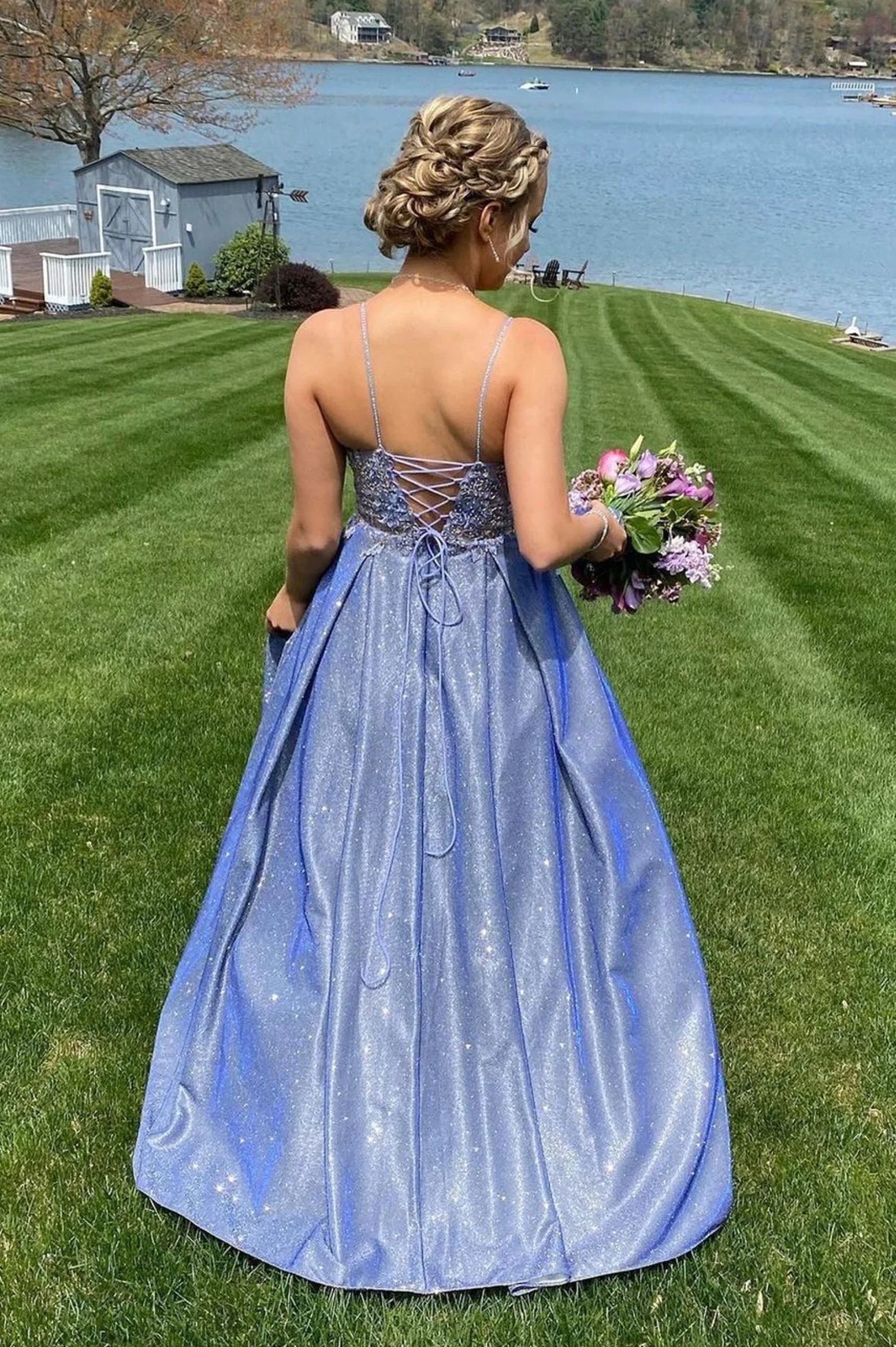 Sparkle & Shine A-Line Spaghetti Straps Sleeveless Lace Up Floor-Length Prom Dress