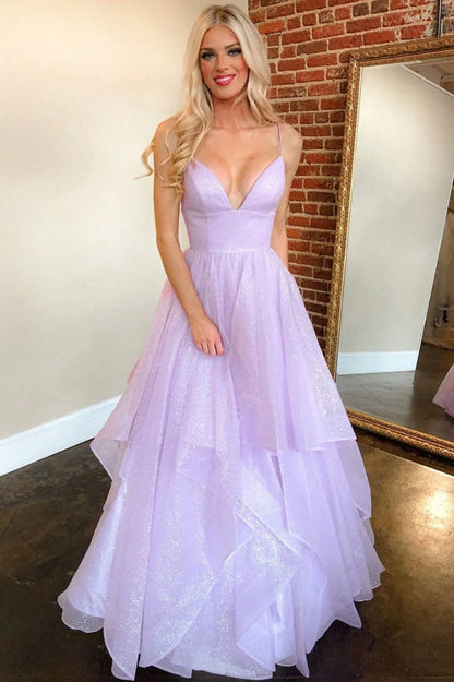 Sparkle & Shine A-Line V-Neck Sleeveless Lace Up Floor-Length Prom Dress