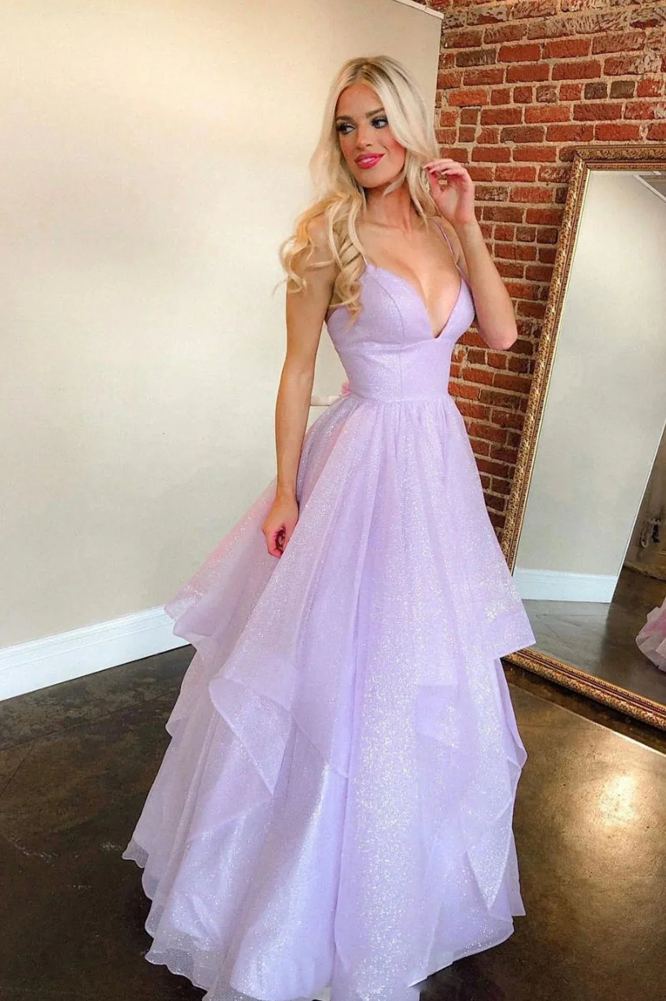 Sparkle & Shine A-Line V-Neck Sleeveless Lace Up Floor-Length Prom Dress
