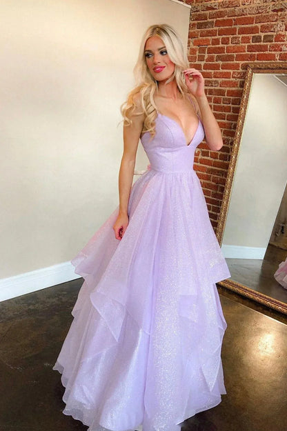 Sparkle & Shine A-Line V-Neck Sleeveless Lace Up Floor-Length Prom Dress