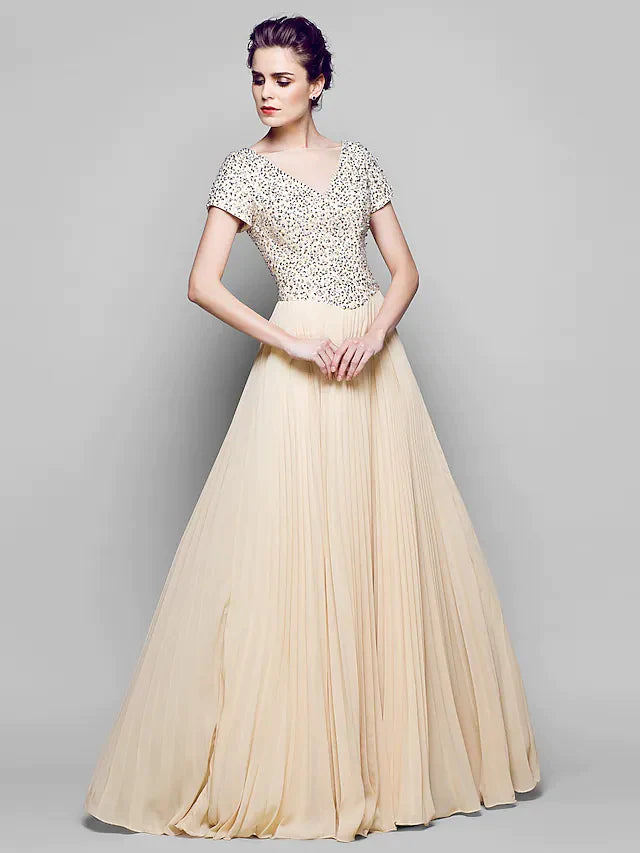 Back view of the elegant A-Line gown, showcasing its graceful silhouette and sequin details.