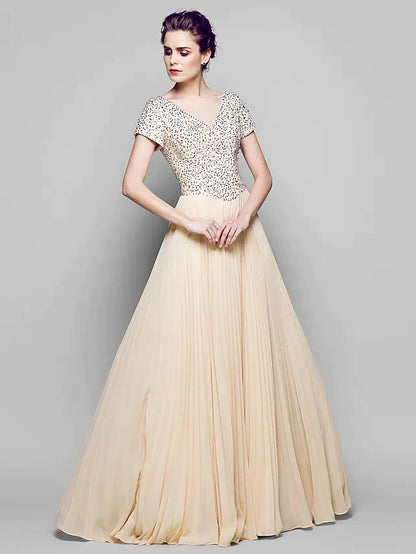 Back view of the elegant A-Line gown, showcasing its graceful silhouette and sequin details.