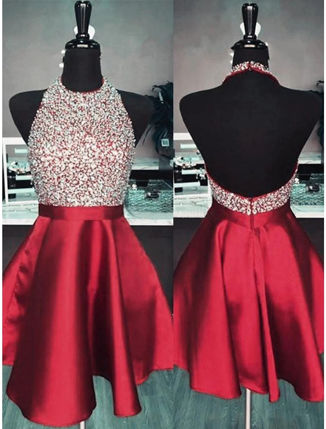 Back view of a woman in a sequined A-line halter dress, highlighting the open back.