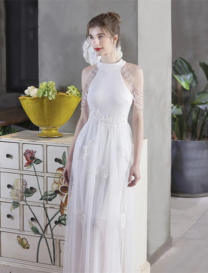 Side profile of a model in a high neck short sleeve A-line sequin dress.