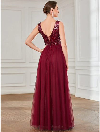 Back view of the elegant sleeveless A-line sequin dress.