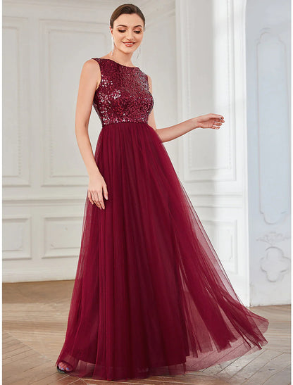 Close-up of the sequin and tulle detail on the A-line dress.