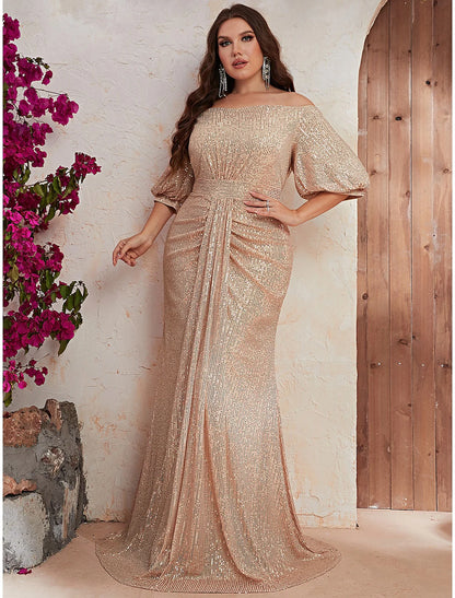 Back view of the A-line off-shoulder formal dress, showcasing the elegant sweep train and beaded details.