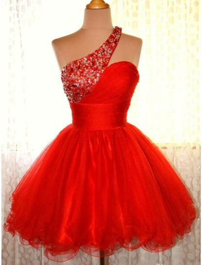 Model wearing a sparkling pink one-shoulder A-line short homecoming dress.