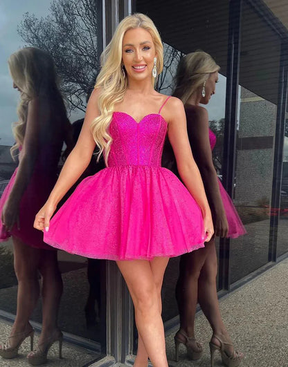 Full view of a hot pink glitter A-line dress, perfect for homecoming.