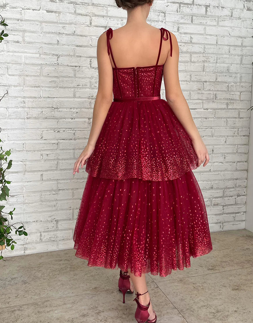 Close-up of the glitter tulle fabric on the A-line dress.