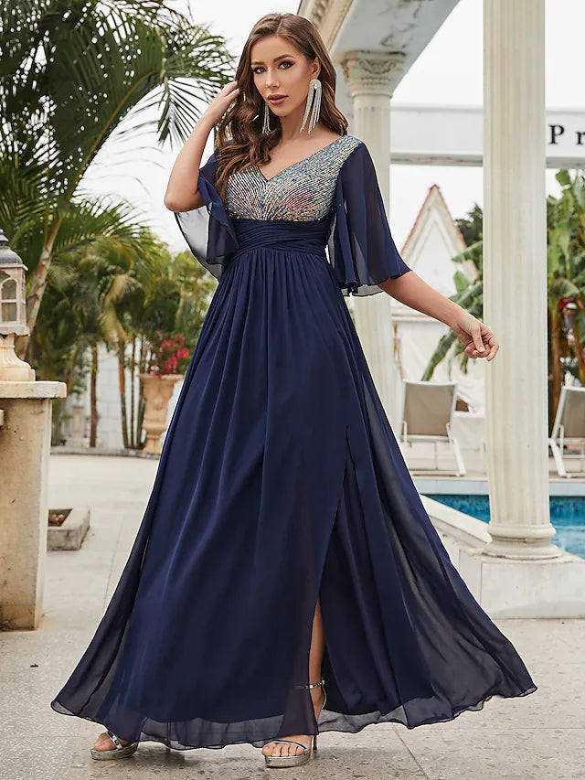 Back view of the elegant A-line chiffon dress, suitable for special occasions.