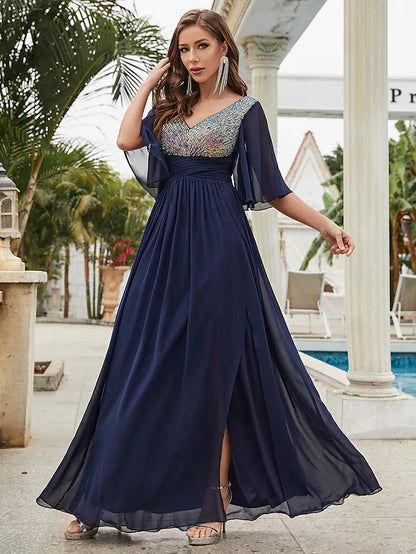 Back view of the elegant A-line chiffon dress, suitable for special occasions.