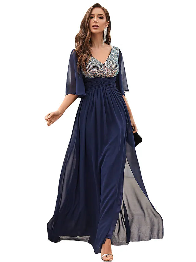 Side profile of a woman wearing the sparkling A-line party dress.