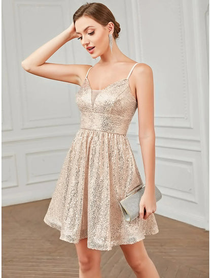 Full view of the A-line short dress with sparkling sequins.