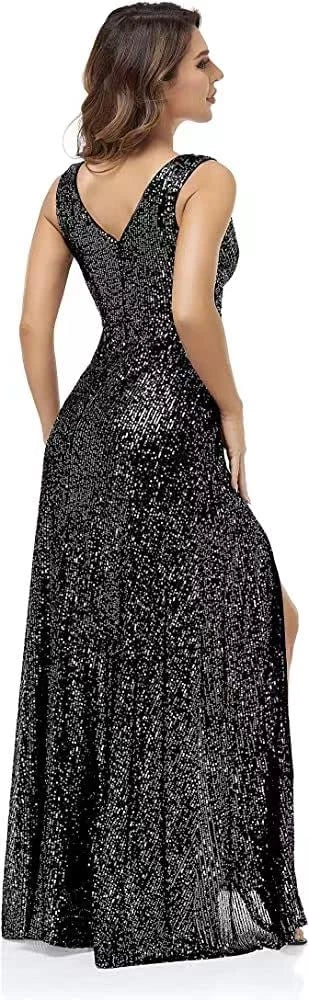 Sparkling A - Line V - Neck Back Zip Sleeveless High - Slit Floor - Length Evening Dress