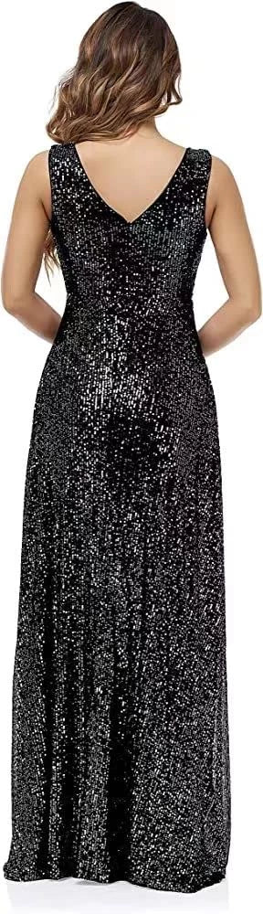 Sparkling A - Line V - Neck Back Zip Sleeveless High - Slit Floor - Length Evening Dress