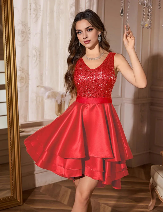 Sparkling A - Line V - Neck Sleeveless Zipper - Back Short - Length Evening Dresses